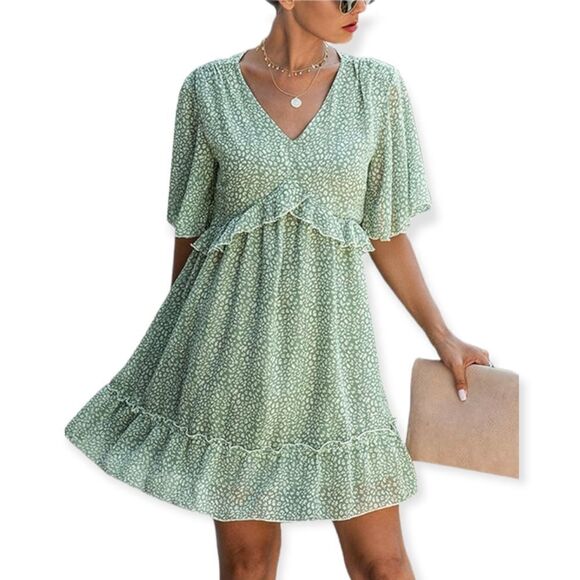 NWT KIRUNDO Womens Ruffle Flowy Swing Dress Short Sleeve V Neck Loose Fit - Picture 1 of 6